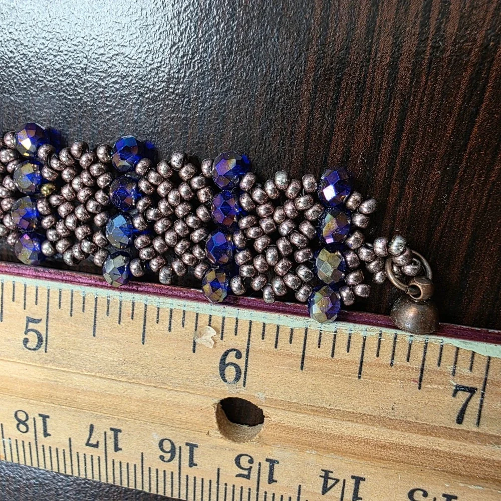 Handmade Beaded Cuff Bracelet Blue Iridescent Crystal Bronze Seed Bead Magnetic